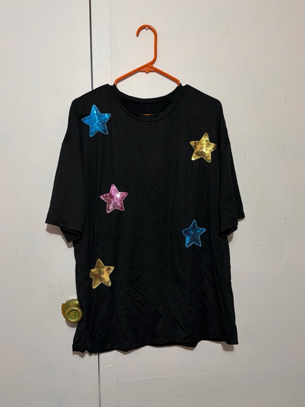 SHEIN Black Tee with Blue Pink and Gold Sequin Stars